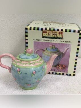 Debbie Mumm Pastel Cookies & Cream Ceramic Tea Pot Farmhouse Cottagecore Darling